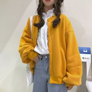 Botão das mulheres do outono Botão de manga comprida Ins Korea Harajuku Vintage BF Moda Simples Forma Loose Camisa Casual Casaco 210608