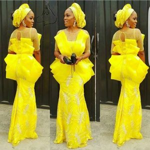 Ebi Prom Aso Yellow Dresses 2021 Mermaid Ruffles Appliqued Beading Sheer Neck Half Sleeves Evening Dress Nigerian Party Gowns