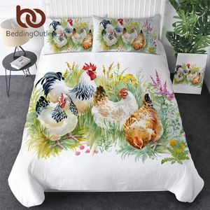 BeddingLoutlet Kurczak Duvet Cover Z Poszewką Akwarela Kogut Pościel Zestaw Zwierząt Kwiat Bedclothes Green Grass Bedlinen 210309