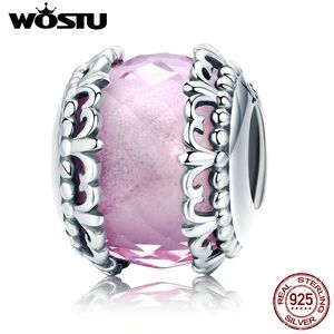 WOSTU Authentic 925 Sterling Silver Fleur-de-lis ,Pink Crystal Beads Fit Original DIY Charm Bracelet Fine Jewelry Gift CQC711 Q0531