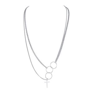 Holiday Gifts Titanium Steel three Ring Double Chain Pendant Necklace Cross TMen's Fashion Long Hip-Hop Punk Jewelry