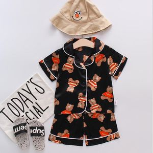 Summer Baby Boys Girls Cartoon Bear Silk Pajamas Kids Two-Piece Set Soft Home Wear Short-Sleeved Suit Children Sleepwear Nightgown