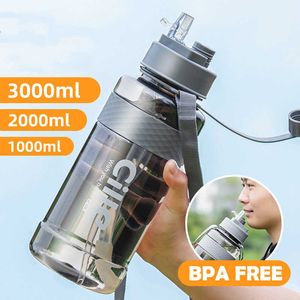Çift Ağız Spor Su Şişesi BPA Ücretsiz Içme Ile Saman 1L 2L Plastik 210610 Için