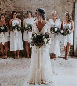 Enkel Boho Wedding Dress Backless 2022 Robe Longue Vintage Lace Chiffon Long Bride Dresses Full Sleeve Deep V-Neck Beach Country Brudklänningar