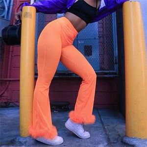 Mesh Capris Sexiga Nya Mesh Byxor Hög midja Slim Perspektiv Orange Fluffy Flare Byxor Holiday Streetwear Pantalon Kvinnor Pant Q0801