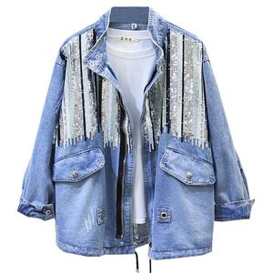 Damenjacken 2022 Pailletten Denim Jacke Frauen Bomber Mode Langarmbedeckungen Vintage Hippie Jeans Colete Feminino P358