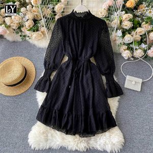 LY VARYY LIN Sonbahar Kadın Siyah Polka Dot Elbiseler Puf Kollu Kanatlar Kravat Yukarı Standı Yaka Yüksek Bel Ruffled Hem 210526