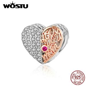 WOSTU Love You Mom Heart Beads 925 Sterling Silver & Rose Gold Family Bead Fit Original Bracelet Charm Jewelry Making CQC1173 Q0531