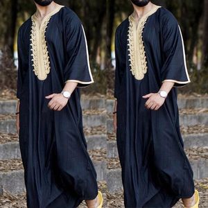 Ethnische Kleidung Muslimische Männer Jubba Thobe Langarm Islamische Stickerei V-Ausschnitt Kimono Robe Abaya Caftan Dubai Arab Dress Shirts