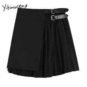 Yitimuceng Plised Spódnica Kobiety Sashes Mini Wysoka Talia A-Line Czarny Odzież Lato Koreański Moda Preppy Style Spódnice 210601