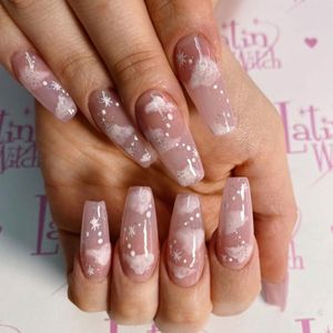 Cute Long Coffin Press on Nails Pink Star Fake Nail Glitter Cloud Ballerina False Fingernail for Women and Girls