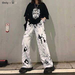 Pantaloni da donna hip-hop a vita alta da ragazza cool allentata bianco scuro Pantaloni da donna neri da donna Pantaloni cargo da jogger allentati gotici Q0801