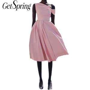 GetSpring女性のドレス肩から斜めの襟を覆ってピンクの不規則な夏ESハイウエスト大きい裾の長いES 210601