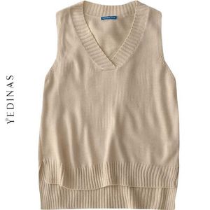 Yedinas Höst Vinter Ärmlös V-Neck Kvinnor Sweater Vintage Stickad Vest Solid Pullovers Loose Korean Style Outwear 210527