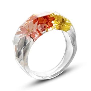 Bunte echte getrocknete Blumen Harz Acryl Ring Strass geometrische runde Ringe für Frauen Schmuck Reisegeschenke