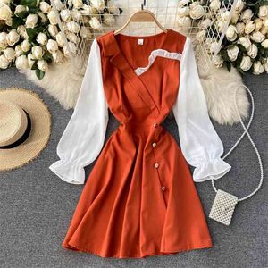 Kvinnors mode kostym krage trä öra långärmad sömnad smal kort a-line klänning elegant kläder vestidos de mujer Q570 210527