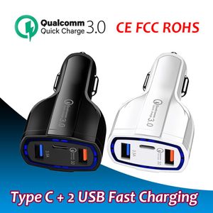 Carregador de carro QC 3.0 Tipo C 35W 7A Carregamento rápido para iphone Carregador duplo USB Carregamento rápido Plugue de 3 portas Adaptador Android