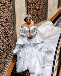 Plus Size African Mermaid Wedding Dresses with Detachable Train Arabic Aso Ebi Beaded Floral Ruffles Long Sleeve Bridal Gowns