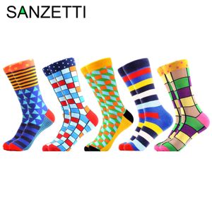 Sanzetti 5 Pare / Lot Mäns Färgglada Roliga Kammade Argyle Fylld Optisk Striped Casual Dress Crew Winter Socks