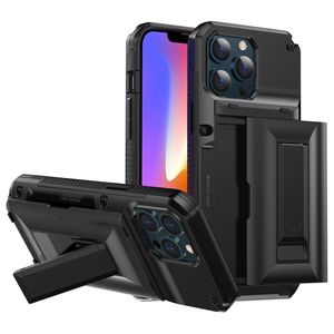 Premium Kickstand Card Slots Heavy Duty TPU PC Shockside Phone Fodral för iPhone 13 12 11 Pro Max Mini XR XS X 6 7 8 Plus med Nice Oppväskor