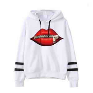 Sexy Zipper Lips Printed Hoodies Women Street Style Fashion Stripe Sweatshirt Long Sleeve Female Pullover Hoodie Two Lines Tops1