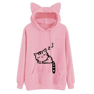 Harajuku Mujeres Sudaderas con capucha Sudadera Kawaii Pink Winter Cat Patrón Manga larga Moletom Sudaderas con capucha Oreja Hooed Mujer 211013