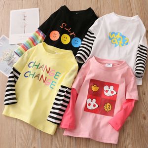 Vår Höst 2 3 4 -10 år Barn Bomull Striped Färg Patchwork Cartoon Långärmad Grundläggande T-shirt För Baby Kids Girls 210529