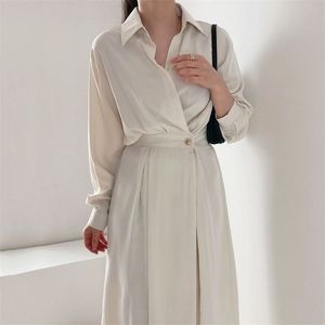 Chic One Button Shirt Dress Woman Clothes High Waist White Vestidos Slim Long-sleeve Blue Dresses Female Spring Clothing 210603