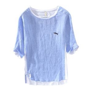 Sommar bomullslinne Patchwork T Shirt för män Bröst Liten Whale Broderi Fashion Short Sleeve Tshirt Loose Teetops 210722