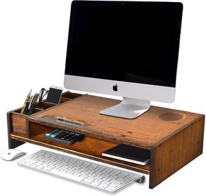 2-Tier-Bambus-Monitor-Stand, Holzcomputermonitor Riser, hölzerne Schreibtisch-Organisatoren mit einstellbarem Speicherzubehör-Regal für Imac, Laptop, Drucker braun