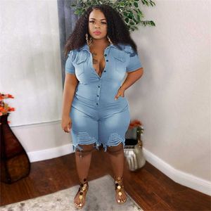 Plus Size Roupas Jeans Jumpsuits Mulheres L-5XL Manga Curta Bodysuit Rasgado Denim Shorts Atacado Drop 211102