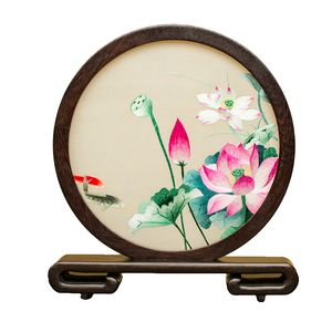 Handmade Double-sided Embroidery Table Ornaments Chinese Style Silk Painting Crafts Gifts Decoration Home Office Desk Accessories with Wenge Frame