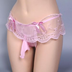 Underbyxor Öppna / Stäng Mantel Låg Midja Baklösa Buttock Sexig Man Mesh Lace Transparenta Mäns Underkläder Sissy Påse Tränar