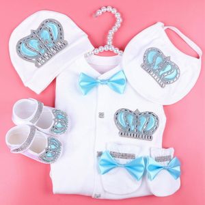 Menino bebê jumpsuit algodão recém-nascido roupas bebê menino 0-3 mês rhinestone coroa jurken cor branco jurkje bebê pijama conjunto para meninos 210226