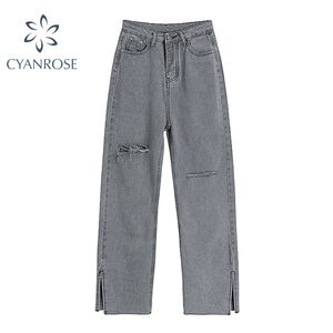 High Waist Grey Ripped Jean Streetwear Baggy Harajuku Wide Leg Female Trousers Vintage Straight Long Pants 210629