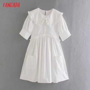 タンガダ夏の女性の白いフリルコットンドレスピーターパンカラー半袖レディースミニドレスVestidos 8M07 210609