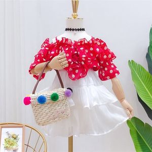 Summer Girls' Clothing Sets Chiffon Polka Dot Sling Love V-neck T-shirt+Cupcake Skirt Baby Kids Clothes Suit Children 210625