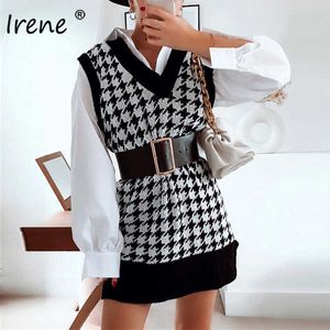 Irene Houndstooth Sweater Women Fashion Oversized Long V Neck Sweater Pullover Jumper Ärmknitted Vest X0721