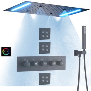 Matowy czarny zestaw prysznicowy 50x36 cm LED termostatyczna łazienka w łazience Atomizowanie opadów opadów z ręką