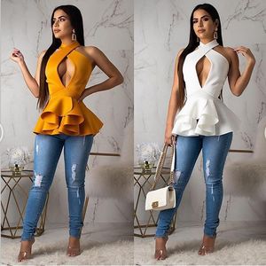 Zmysłowy Adogirl Halter Neck Ruffles Szyfonowe Topy Biust Cut-out Peplum Topy Solid Slim Smetch Bluzka Backless Petal Layer Shirts