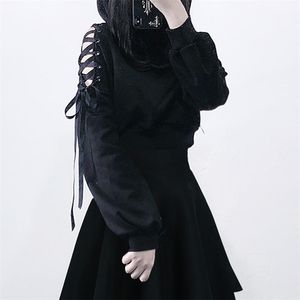 Rosetic Gothic Streetwear Black Hoodie Kobiety Kot Ucha Bluza Z Kapturem Goth Cool Hollow Ripped Bluzy Krótkie Topy Spring 201030