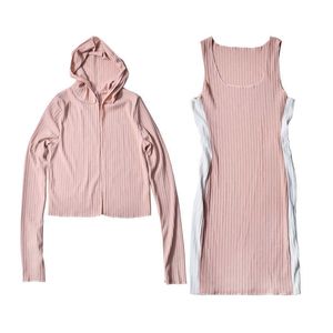 PERHAPS U Women Knitted Blue Pink Sleeveless Dress Mini Dress Sexy Bodycon Sheath Hooded Jacket Two Pieces Set T0414 210529