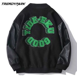 Skórzany Rękaw Kurtka Mężczyźni Bombowiec Baseball PU Płaszcz Faux Pilot Fleece College Top Black Slim Fit Motorcycle 211126