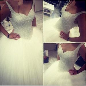 2021 Funkelnde weiße Pailletten-Ballkleid-Hochzeitskleider Prinzessin Schatz bodenlanges langes Tüll-Hochzeitskleid Plus Size Strap Brautkleider