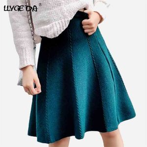 Solide hoch taillierte Faltenröcke Damen elastisches Stricken Damenrock A-Linie Streetwear Midi Bottom Spring Female Tücher 210629