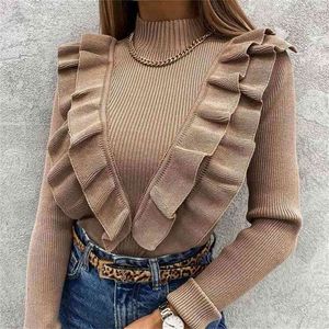 Mock Neck Ruffle's Knitted Sweater Long Sleeve Solid Coffee Slim Elegant Office Lady Pullover Spring Fashion Top 210914