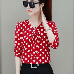 Bow tie Long Sleeve Blusa v Collar Polka Dot Blouses Shirt Casual New Feminine Elegant Women Tops camisas mujer 66i6 210302