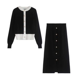 PERHAPS U Women Knitted Pink Black White Crew Neck Long Sleeve Cardingan Knee Length Pencil Skirt Two Piece Set Elegant T0356 210529