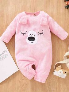 Baby cartoon broderi 3d ear design flannel jumpsuit hon