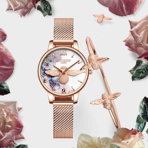 1 Set Armband Watch Women Quartz Fashion Little Bee Dial Klockor Vattentät Rostfritt Stål Mesh Band Ladies Armbandsur Presenter